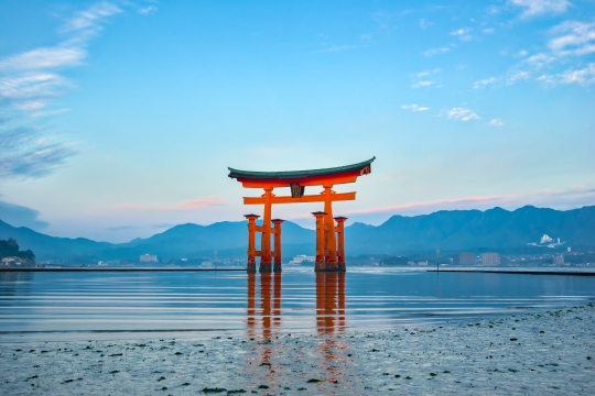 Schwimmendes rot schwarzes Torii auf einer Insel in Japan