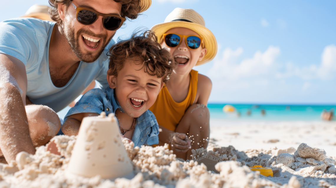 Vater mit zwei Söhnen im Sand sitzend, vor ihnen eine Sandburg und hinter ihnen das Meer